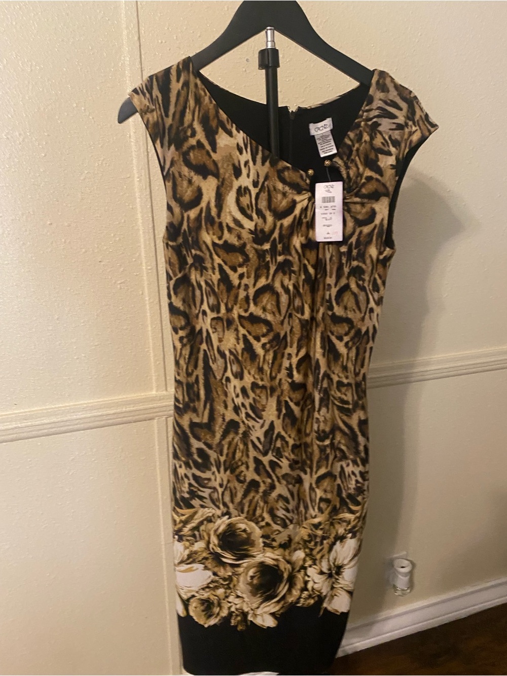 Cache Leopard Print Sheath Dress with Floral Hem in Brown and Black